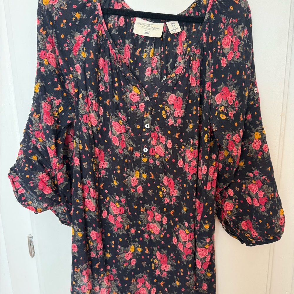 H&M Black Floral Blouse with Pink and Yellow Accents